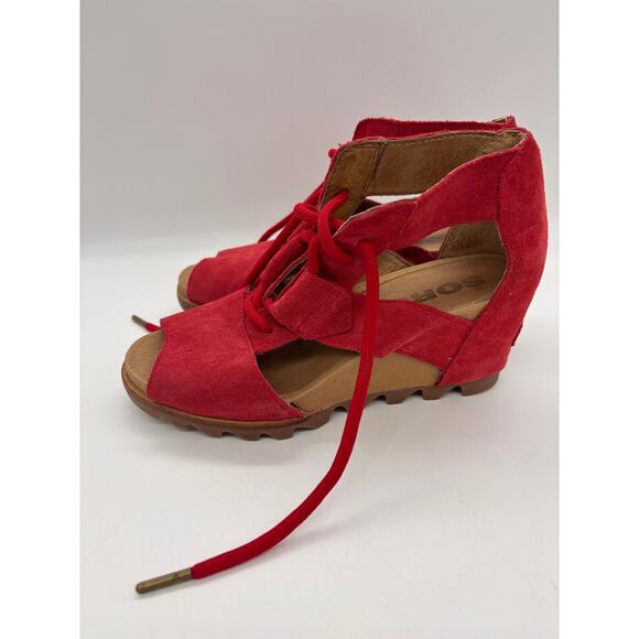 Sorel Shoes - Sorel Joanie red suede wedge lace up sandals size 7